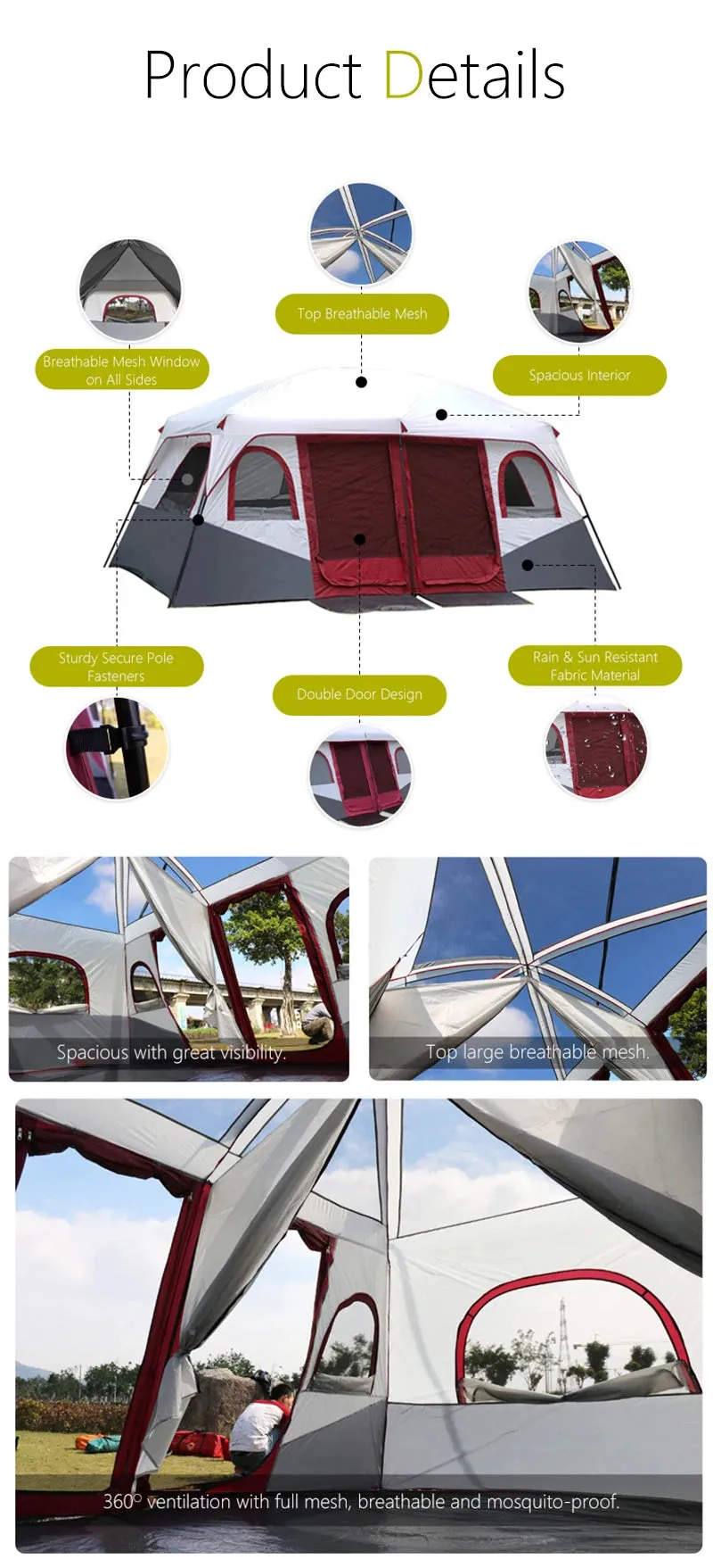 12 Person Automatic Camping Tent Portable Waterproof Backpacking Tent Double Doors and Double Window for Outdoor Equipment