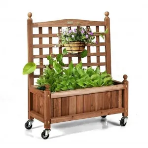32in Wood Planter Box with Trellis Mobile Raised Bed for Climbing Plant - Color: