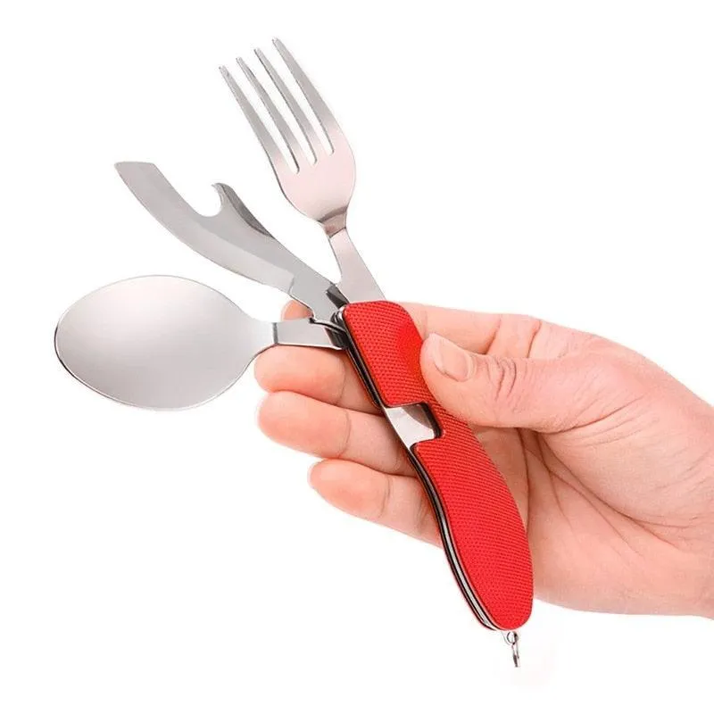 4-in-1 Camping Multitool Foldable Spoon Fork Knife Bottle Opener