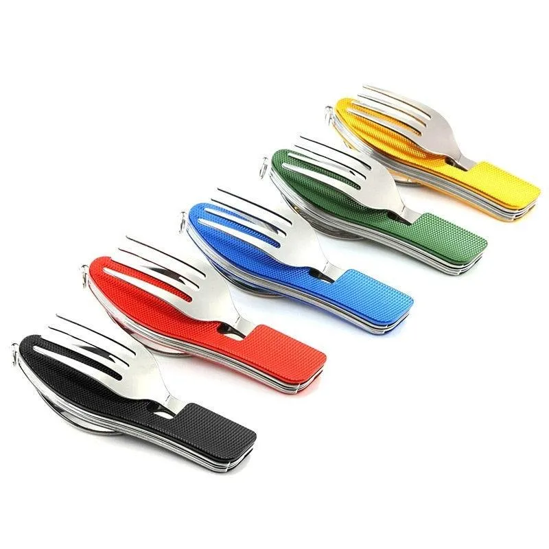 4-in-1 Camping Multitool Foldable Spoon Fork Knife Bottle Opener