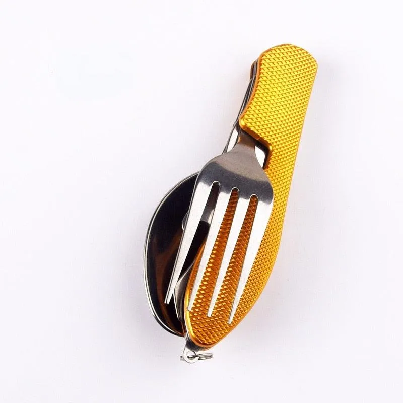 4-in-1 Camping Multitool Foldable Spoon Fork Knife Bottle Opener