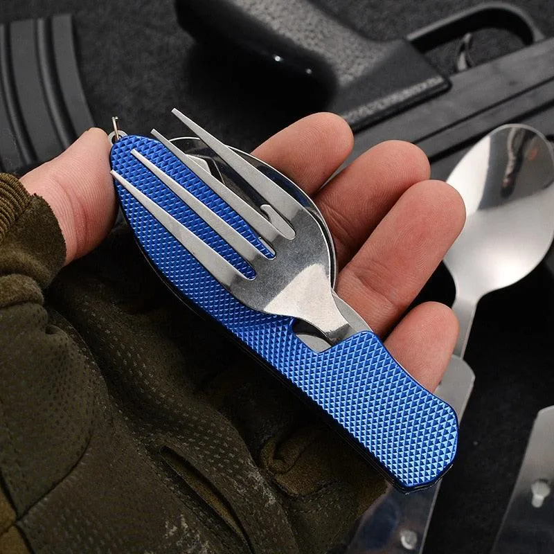 4-in-1 Camping Multitool Foldable Spoon Fork Knife Bottle Opener