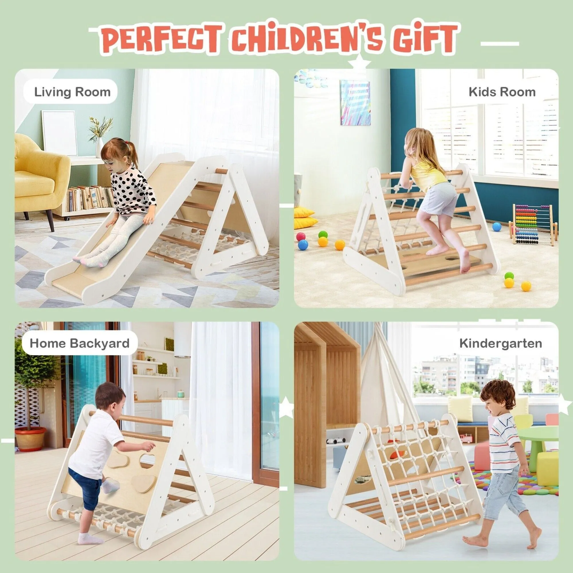 4-in-1 Children's Eco Birch Wood Climbing Frame | Montessori Pikler Triangle, Slide & Climber | Natural Wood & White