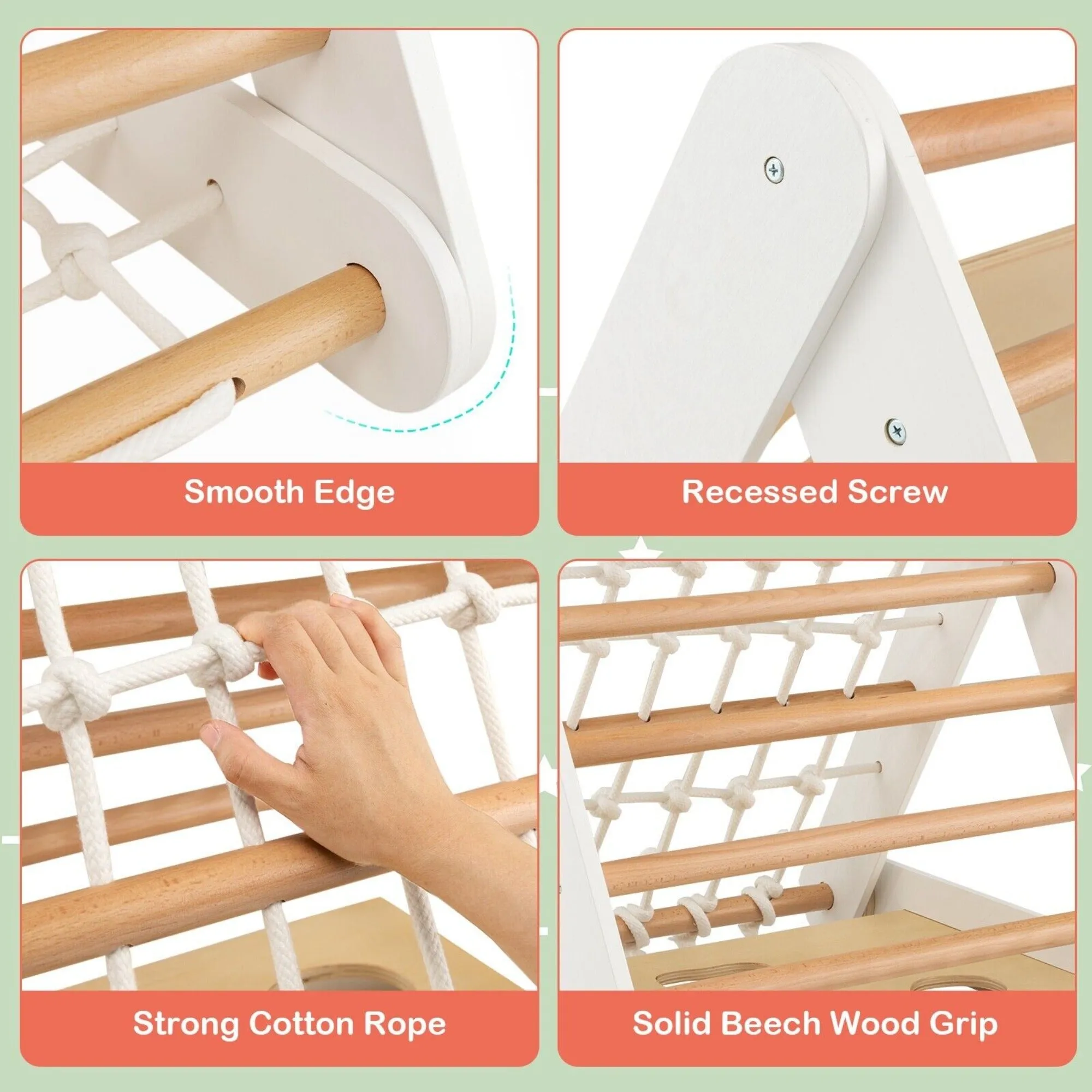 4-in-1 Children's Eco Birch Wood Climbing Frame | Montessori Pikler Triangle, Slide & Climber | Natural Wood & White