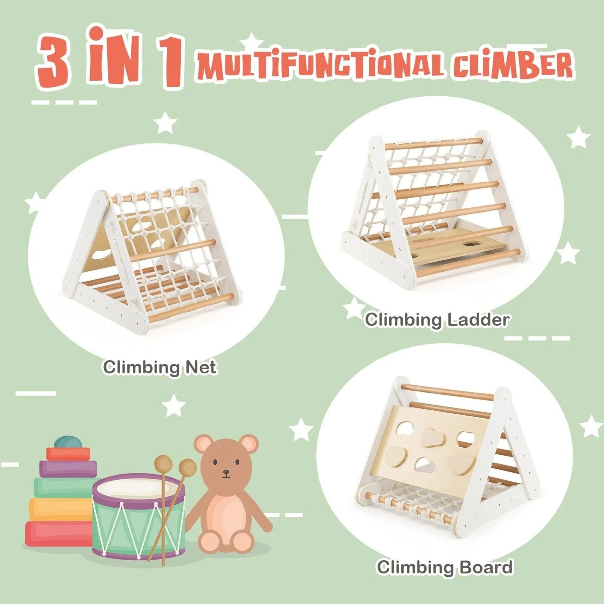 4-in-1 Children's Eco Birch Wood Climbing Frame | Montessori Pikler Triangle, Slide & Climber | Natural Wood & White