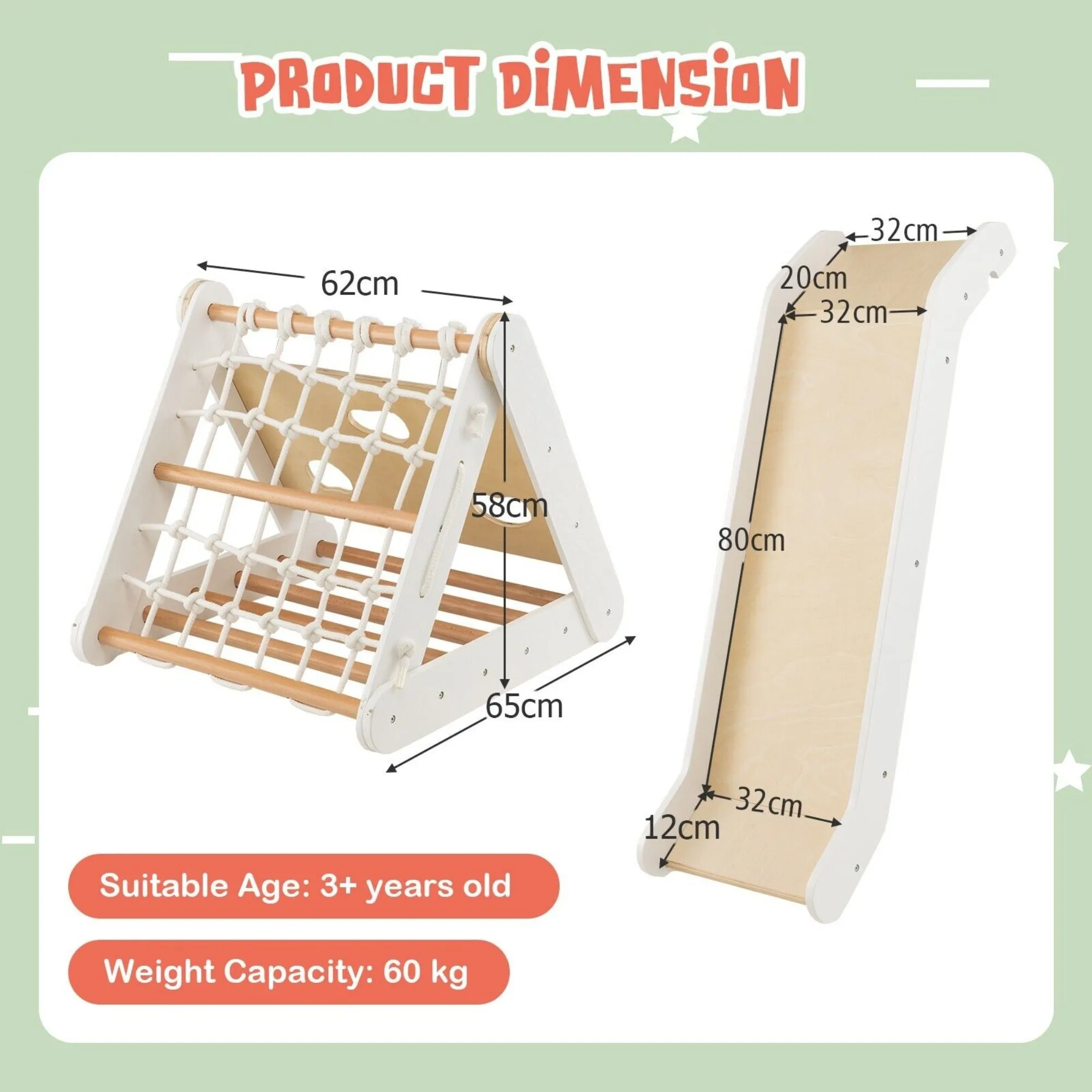 4-in-1 Children's Eco Birch Wood Climbing Frame | Montessori Pikler Triangle, Slide & Climber | Natural Wood & White