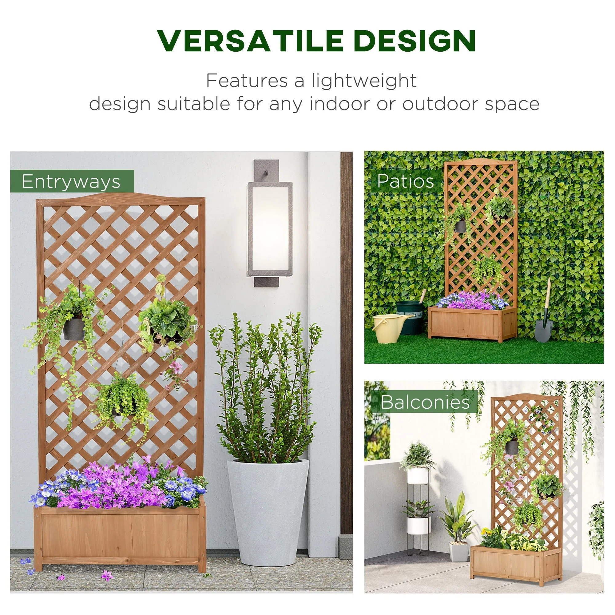 53L Garden Wooden Planter Box with Trellis Free Standing Flower Raised Bed with Lattice for Climbing Plants