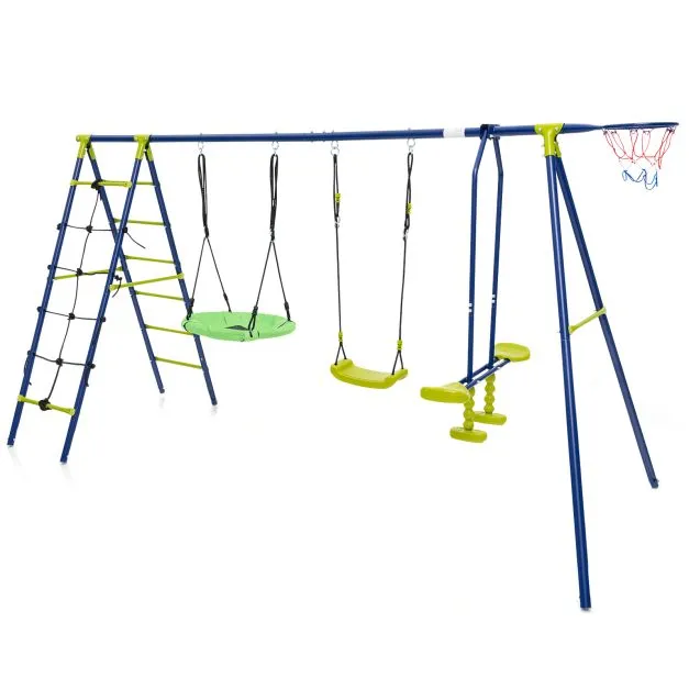 6-in-1 Heavy Duty Anti-Rust Pikler Swing Set | Climbing Ladder | Seesaw | Basketball Hoop | Green | 3-12 Years