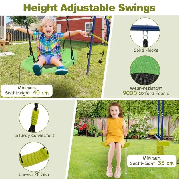 6-in-1 Heavy Duty Anti-Rust Pikler Swing Set | Climbing Ladder | Seesaw | Basketball Hoop | Green | 3-12 Years