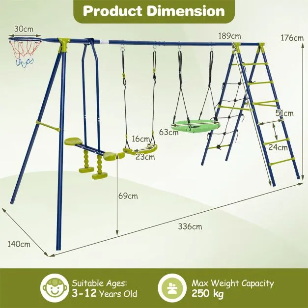 6-in-1 Heavy Duty Anti-Rust Pikler Swing Set | Climbing Ladder | Seesaw | Basketball Hoop | Green | 3-12 Years