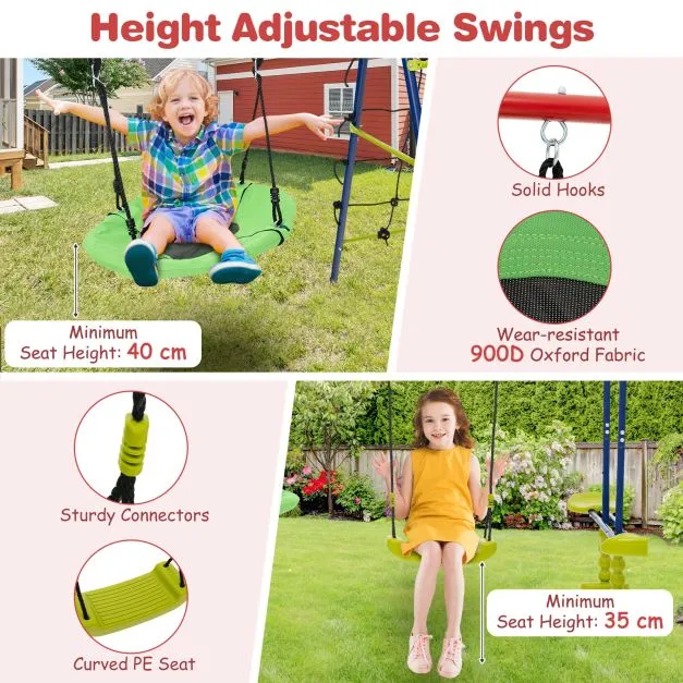 6-in-1 Heavy Duty Anti-Rust Pikler Swing Set | Climbing Ladder | Seesaw | Basketball Hoop | Green | 3-12 Years