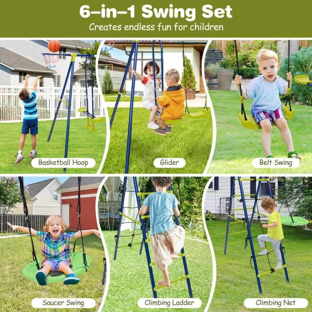 6-in-1 Heavy Duty Anti-Rust Pikler Swing Set | Climbing Ladder | Seesaw | Basketball Hoop | Green | 3-12 Years