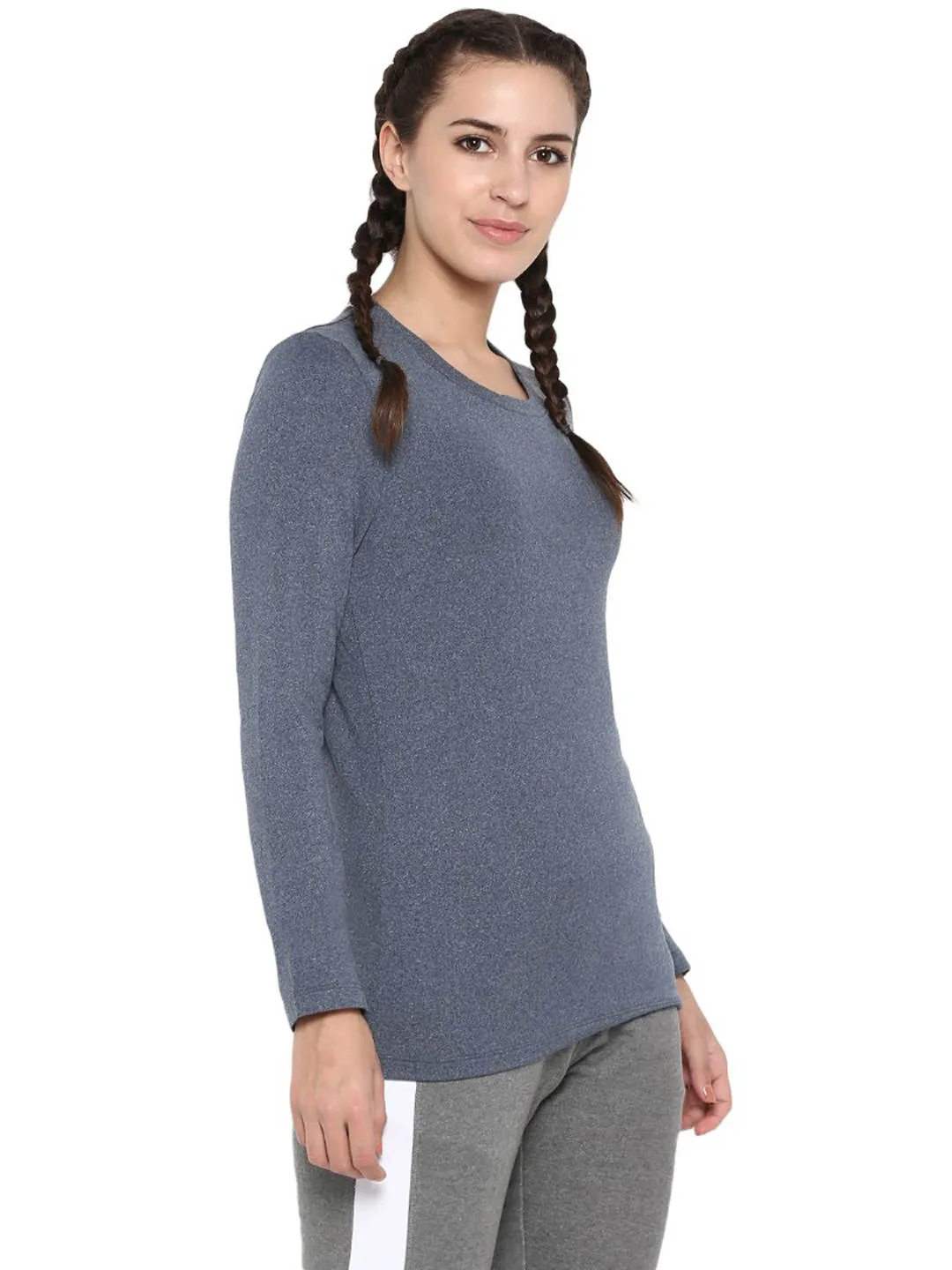 Alcis Women Grey Melange Solid Round Neck T-shirt