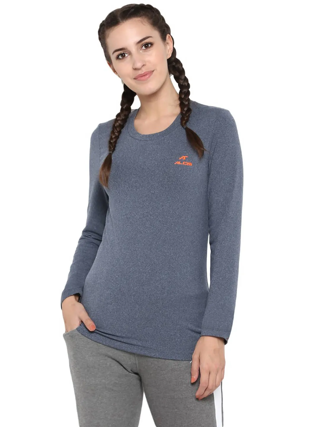 Alcis Women Grey Melange Solid Round Neck T-shirt
