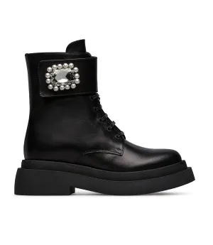 Black jewel buckle calfskin ankle boots