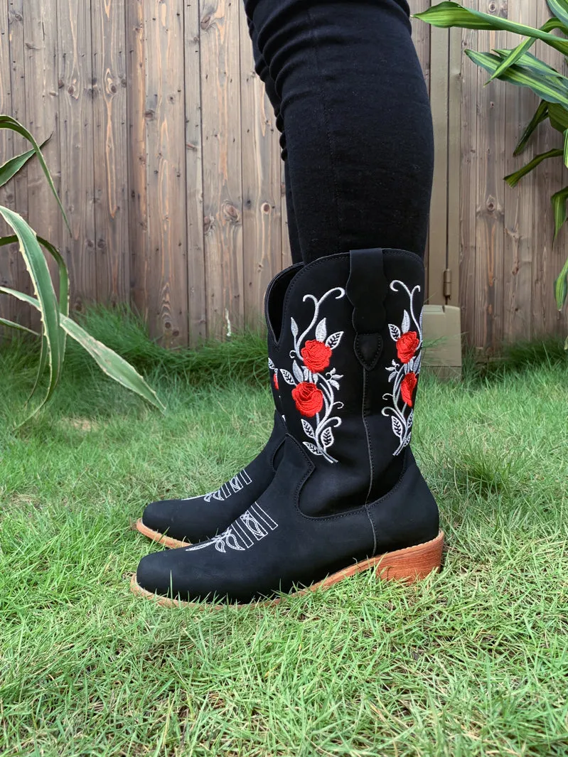 Black Rose Embroidered Floral Cowboy Heel Boots