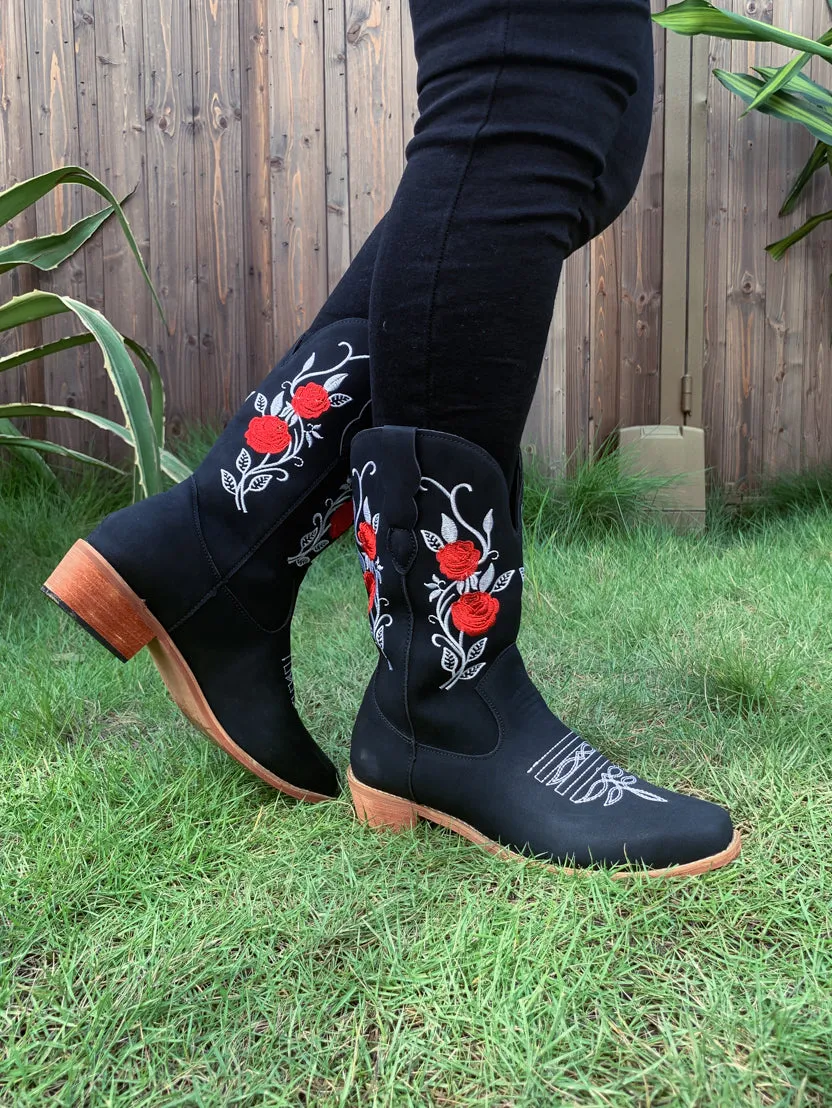 Black Rose Embroidered Floral Cowboy Heel Boots