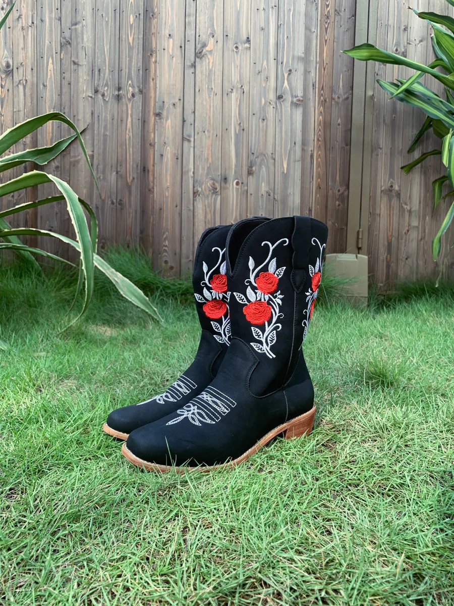 Black Rose Embroidered Floral Cowboy Heel Boots