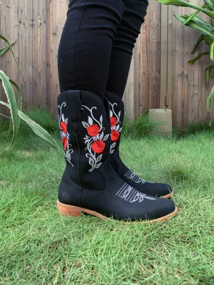 Black Rose Embroidered Floral Cowboy Heel Boots