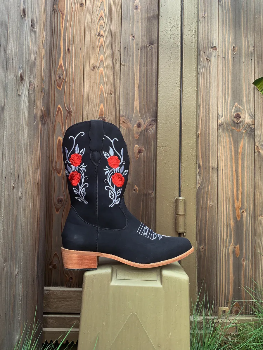 Black Rose Embroidered Floral Cowboy Heel Boots