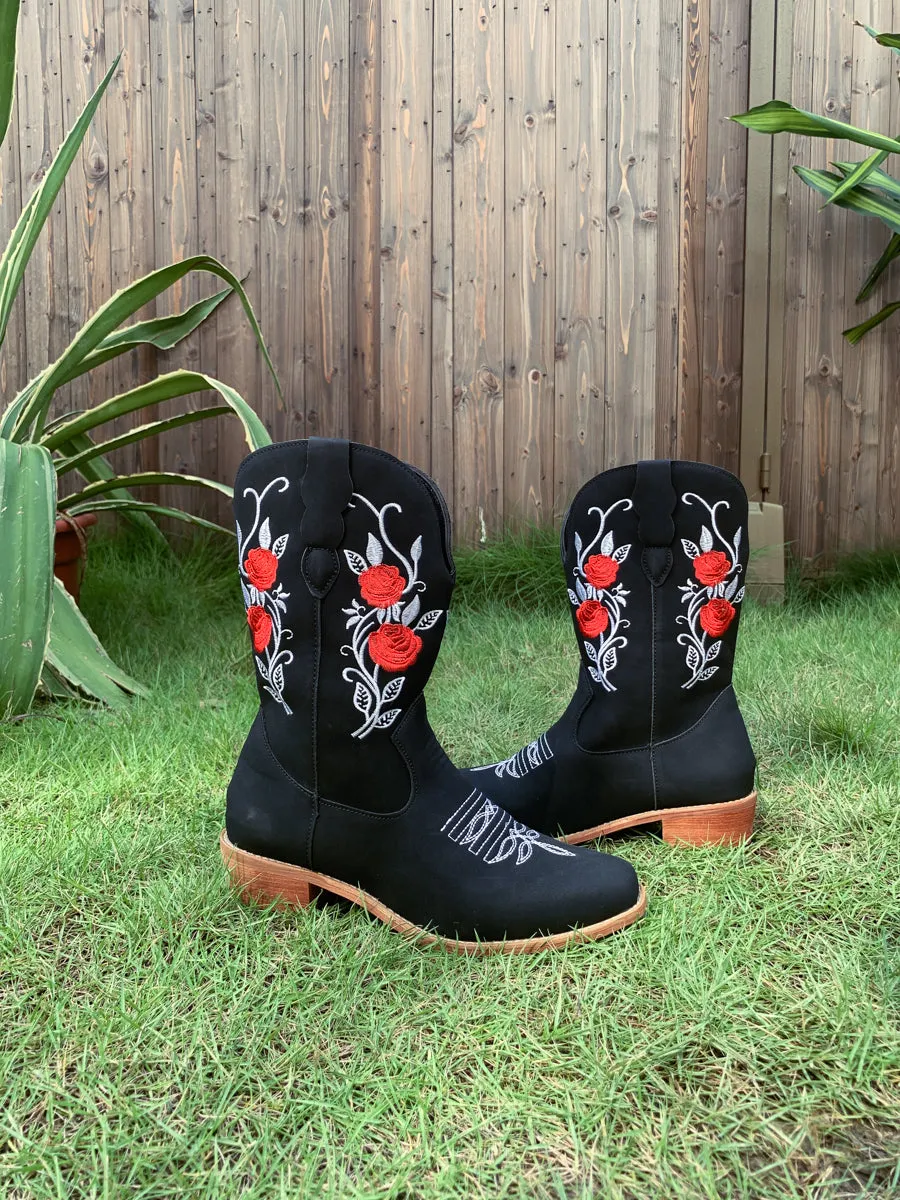 Black Rose Embroidered Floral Cowboy Heel Boots