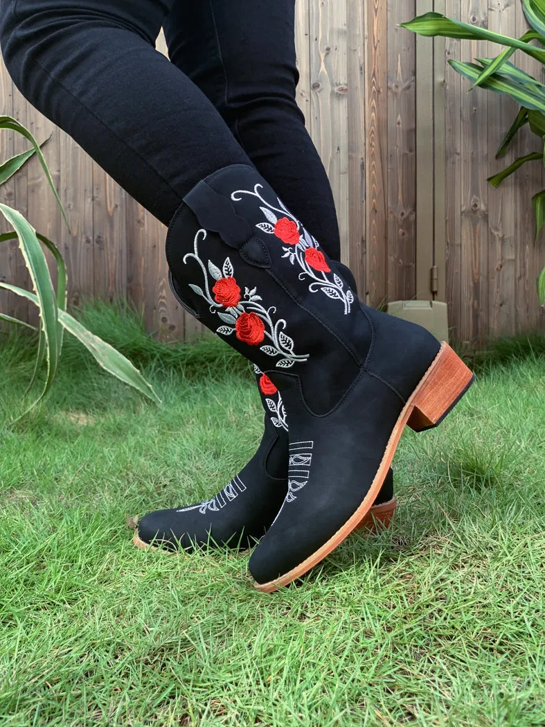 Black Rose Embroidered Floral Cowboy Heel Boots