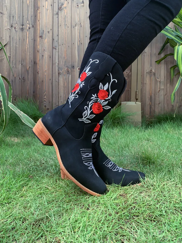 Black Rose Embroidered Floral Cowboy Heel Boots