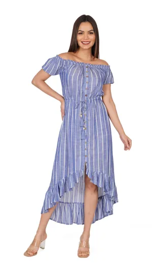 Blue and White Striped Printed Off Shoulder High Low Regular Fit Dress