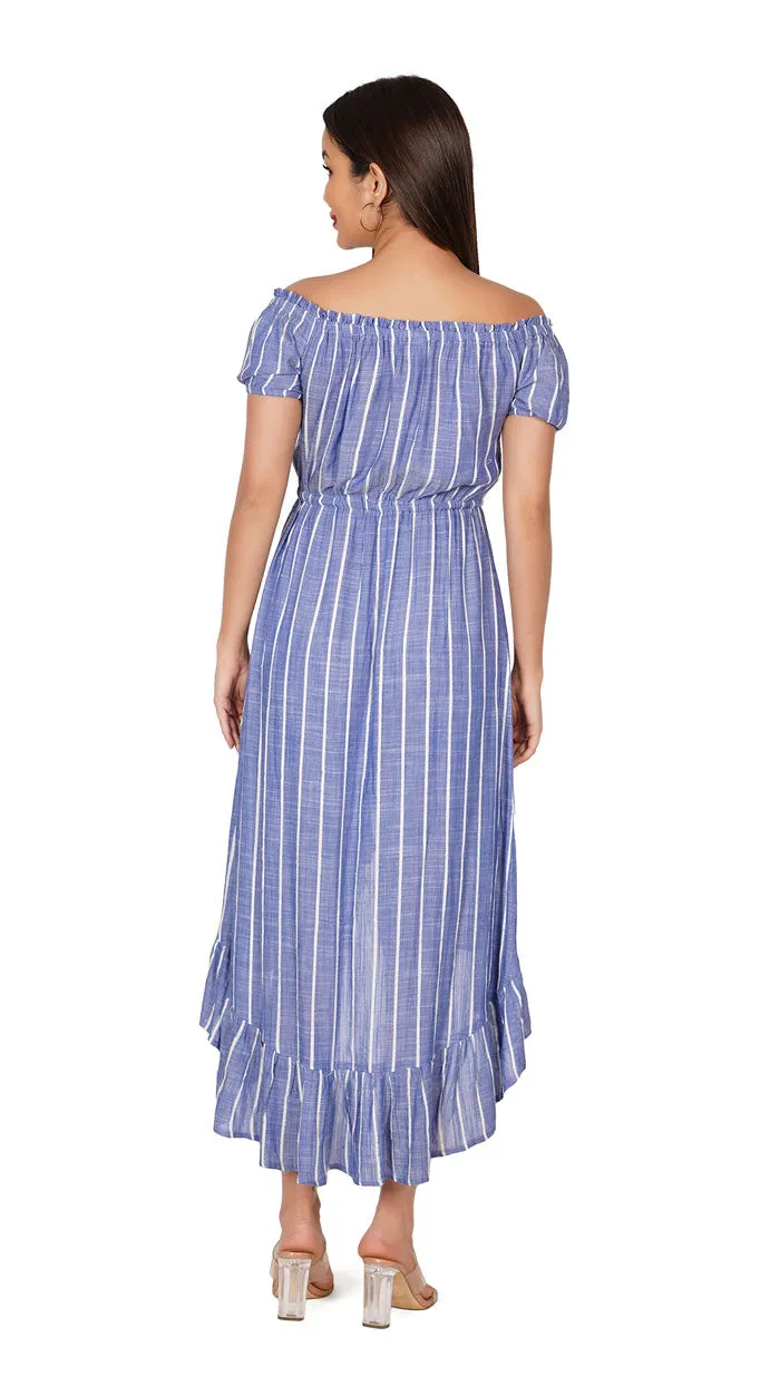 Blue and White Striped Printed Off Shoulder High Low Regular Fit Dress