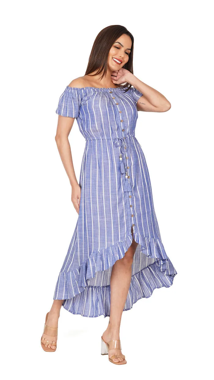Blue and White Striped Printed Off Shoulder High Low Regular Fit Dress