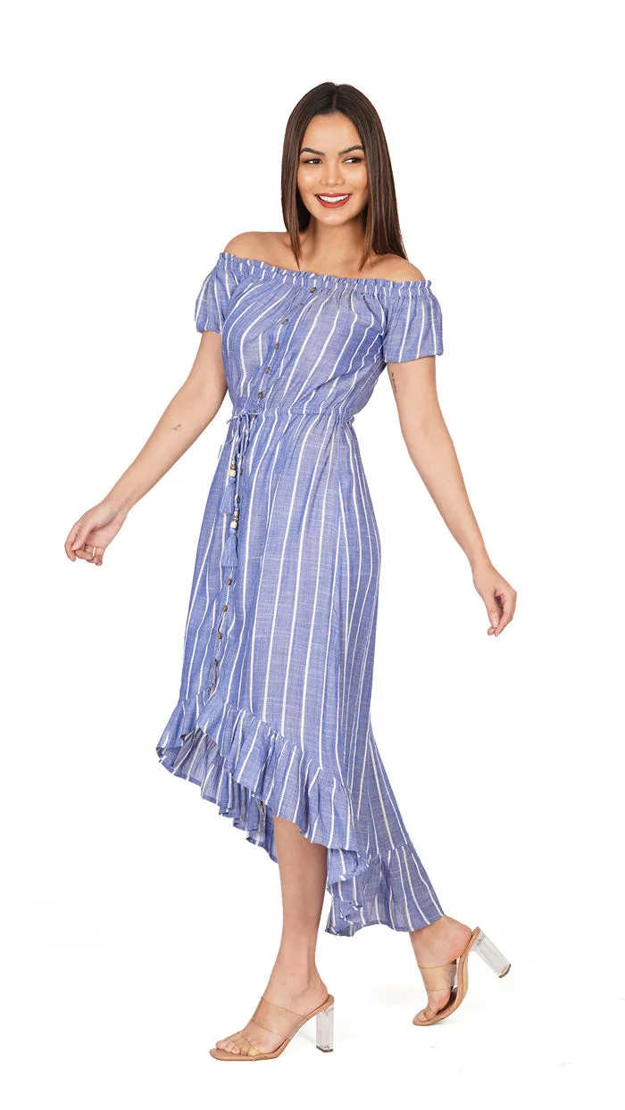 Blue and White Striped Printed Off Shoulder High Low Regular Fit Dress