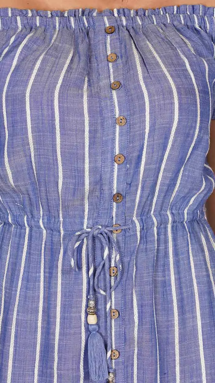 Blue and White Striped Printed Off Shoulder High Low Regular Fit Dress