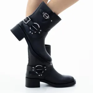 Brumby 4cm flat heel double belt buckle detailed ankle boot black