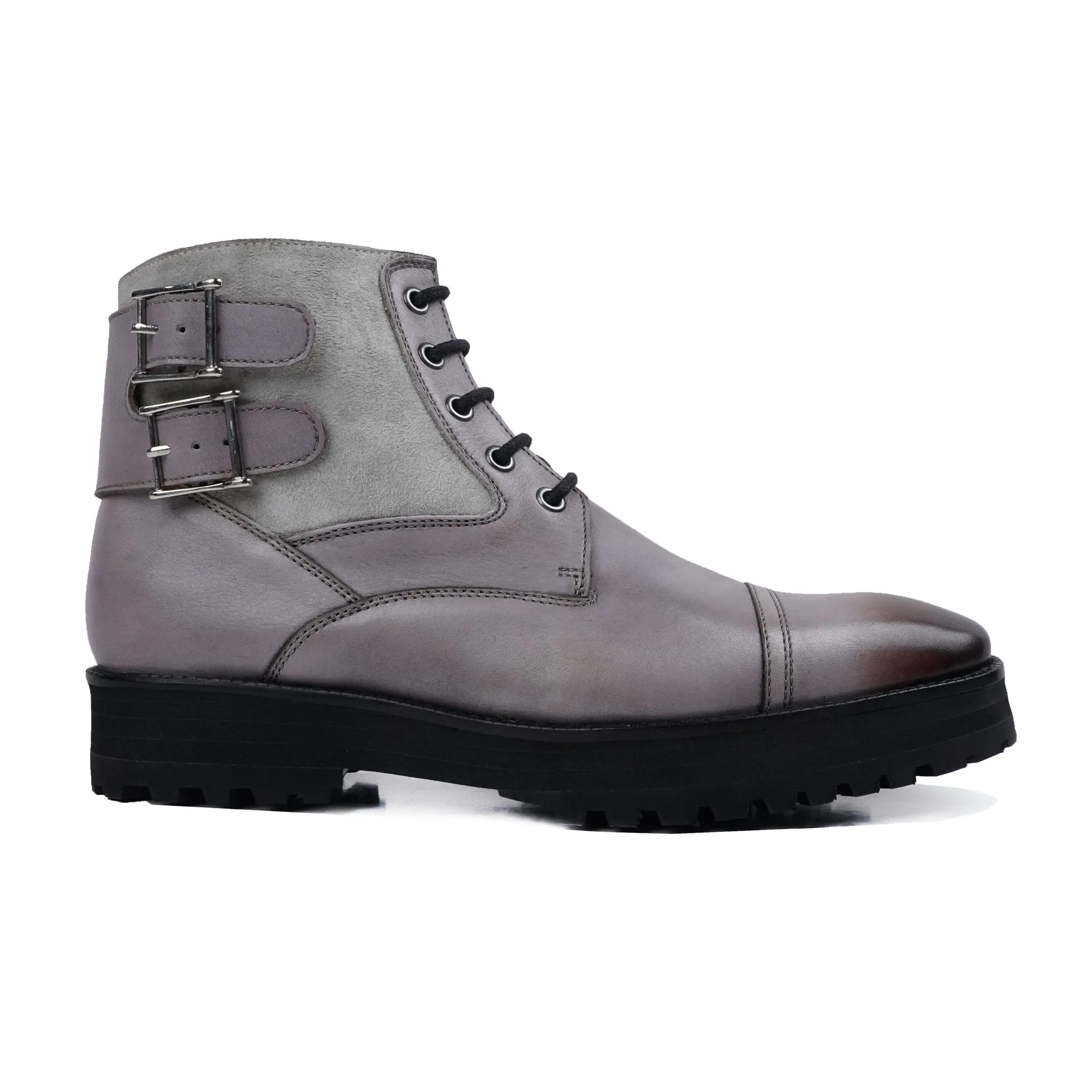 Calf Leather Boots with Adjustable Side Buckle and Double Cross Strap Detailing