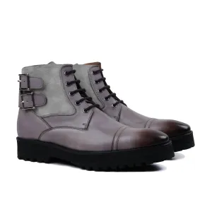 Calf Leather Boots with Adjustable Side Buckle and Double Cross Strap Detailing