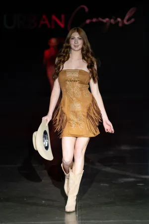 Camel Suede Boot Stitch Embroidered Fringe Dress