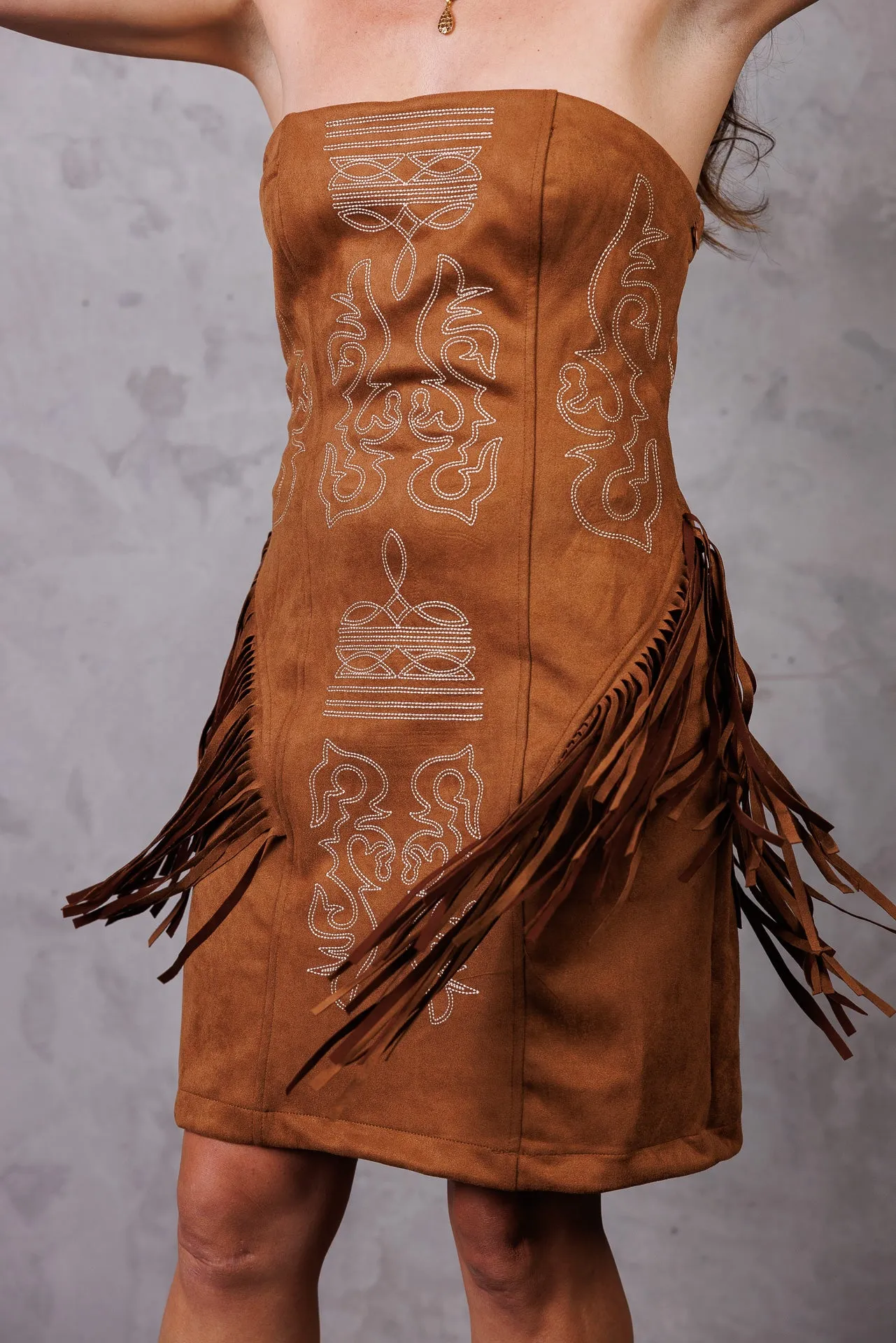 Camel Suede Boot Stitch Embroidered Fringe Dress