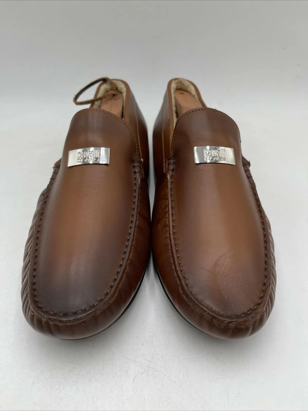cavalli CLASS Leather Shearling Lined Driving Loafers Brown Size 45 - Very Good