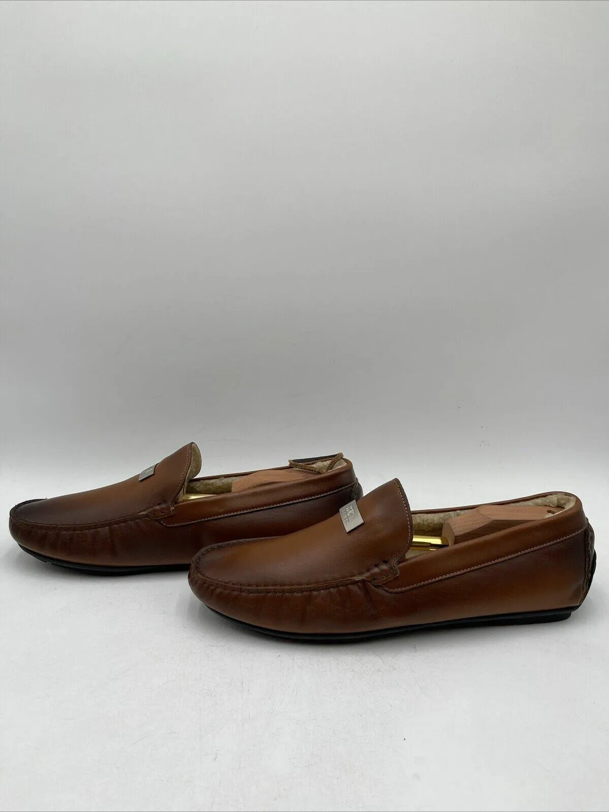 cavalli CLASS Leather Shearling Lined Driving Loafers Brown Size 45 - Very Good