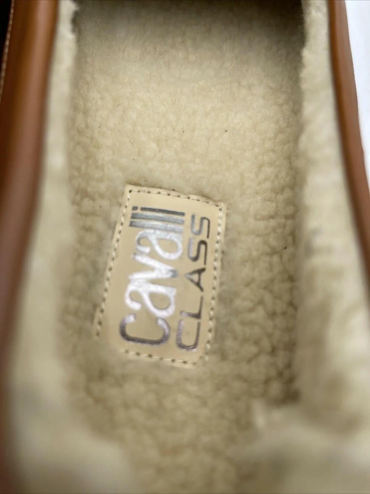 cavalli CLASS Leather Shearling Lined Driving Loafers Brown Size 45 - Very Good