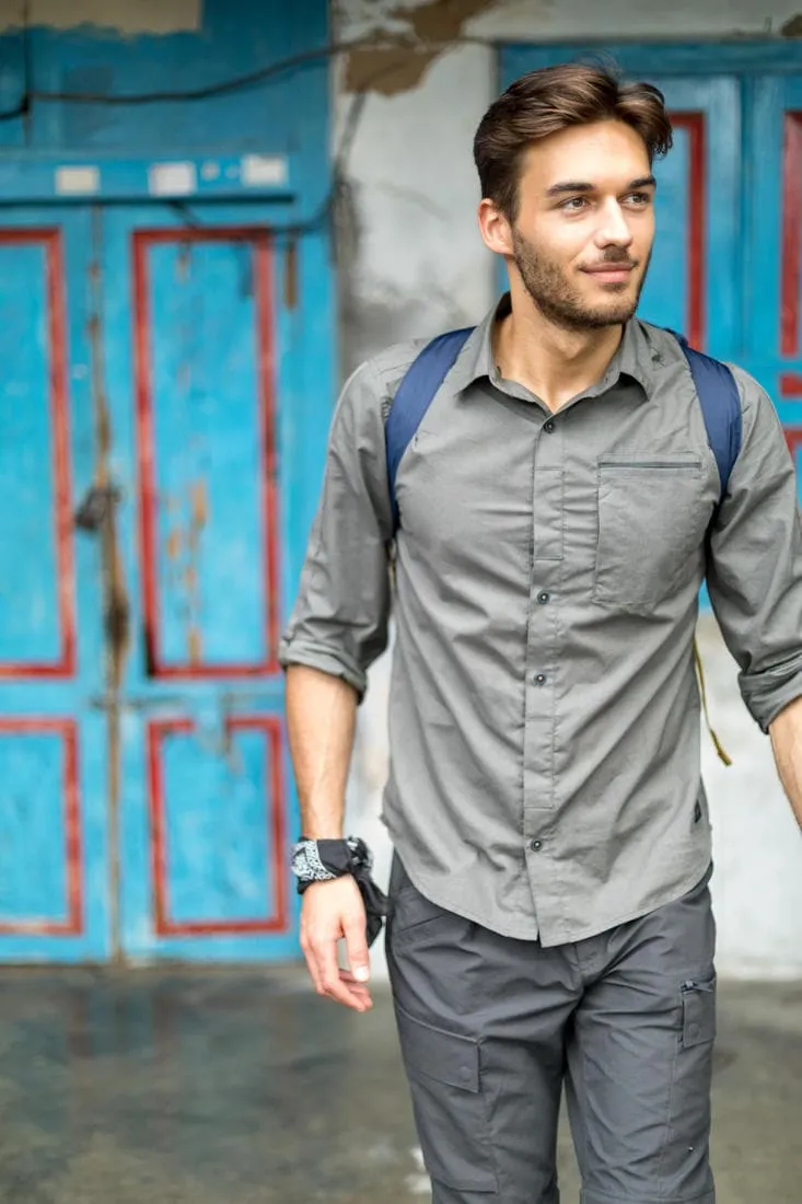 Chemise de trek voyage - TRAVEL 500 MODUL manches longues kaki homme