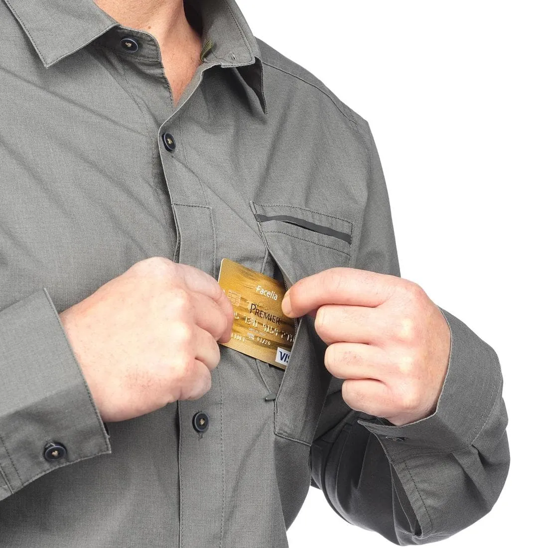 Chemise de trek voyage - TRAVEL 500 MODUL manches longues kaki homme