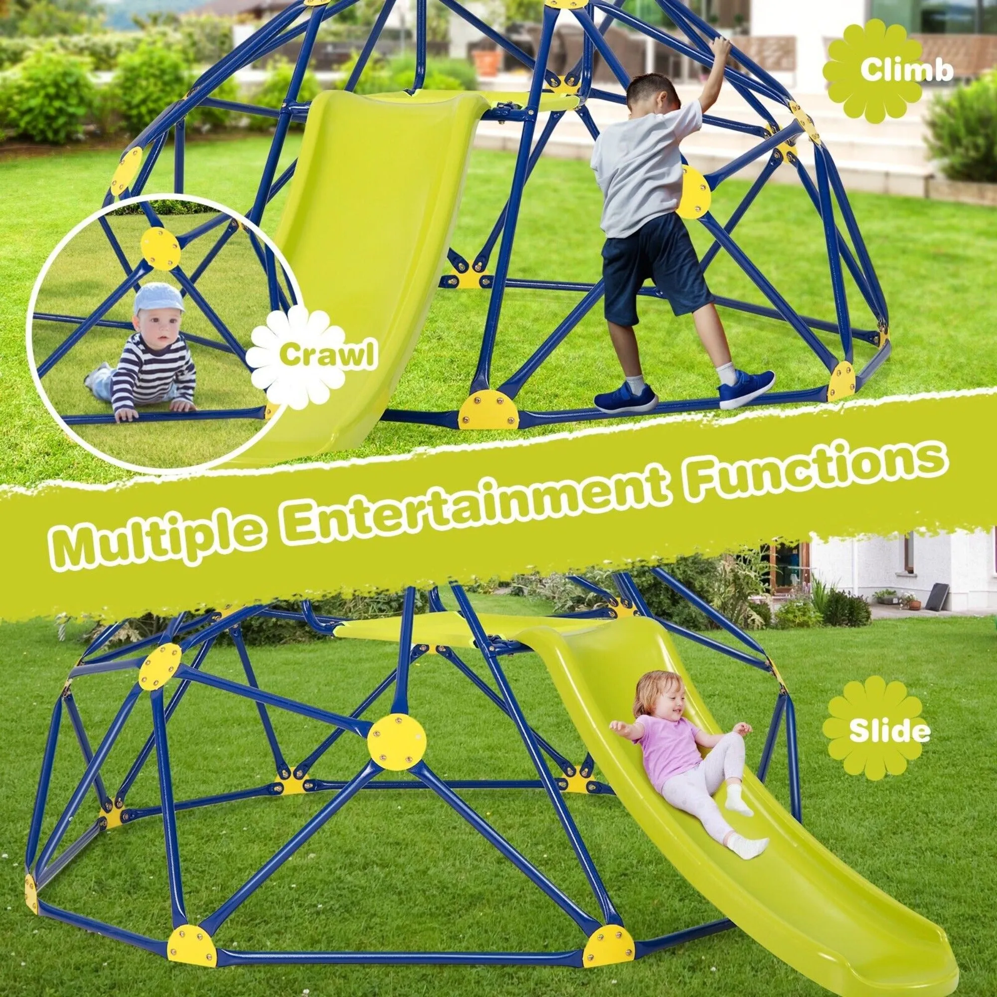 Children's Large Rust-resistant Indoor & Outdoor Montessori Climbing Frame Dome with Slide | 3-12 years