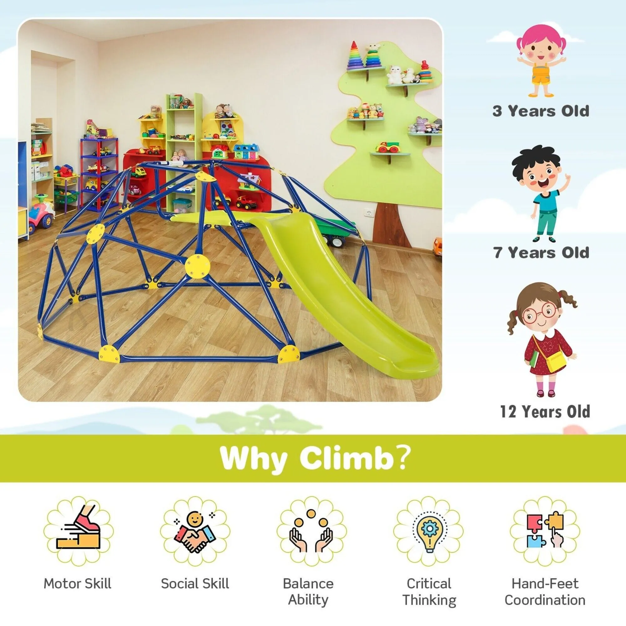 Children's Large Rust-resistant Indoor & Outdoor Montessori Climbing Frame Dome with Slide | 3-12 years
