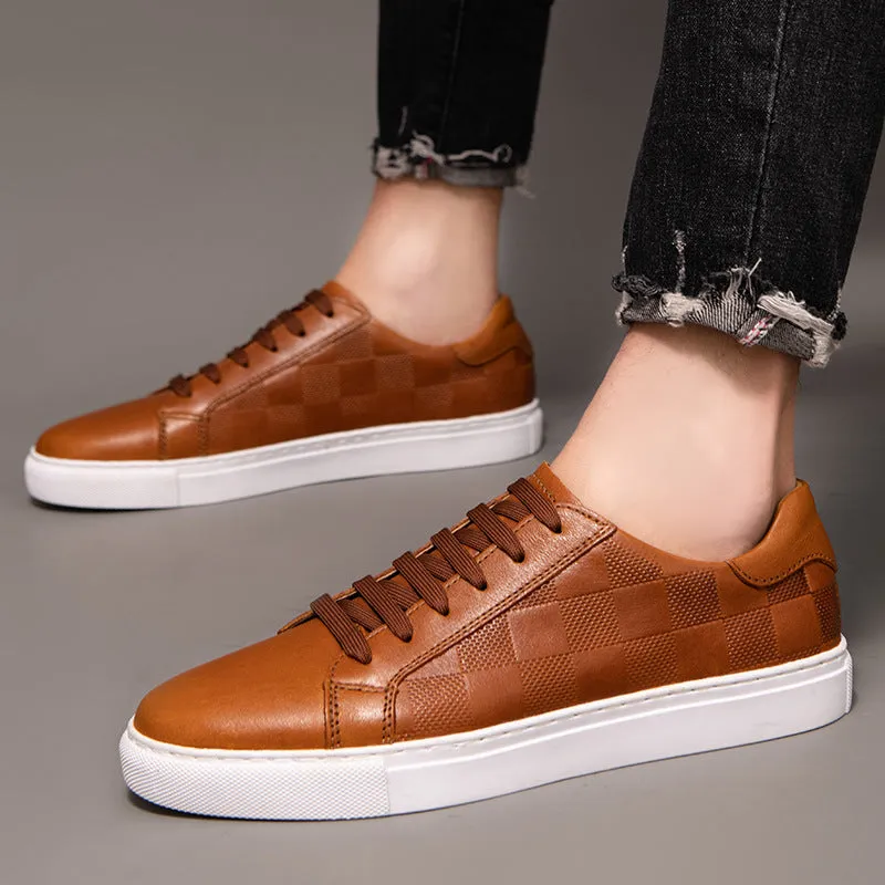 Cowhide Spring Breathable White Shoes - White Plaid Board Collection