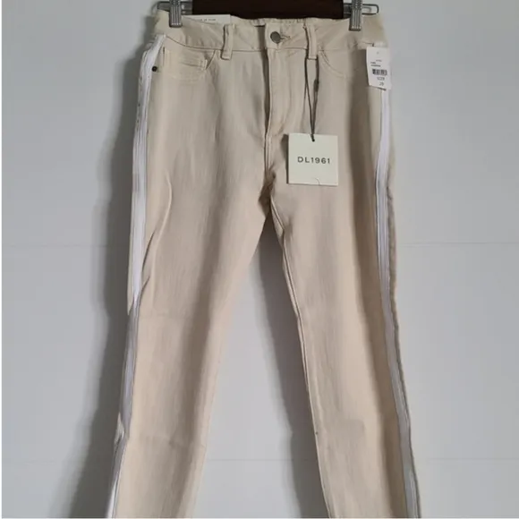 DL1961 Florence Cropped Canvas-Trimmed Jeans, Size 29, Ecru, NWT