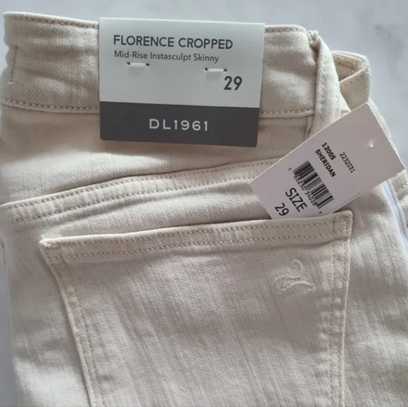 DL1961 Florence Cropped Canvas-Trimmed Jeans, Size 29, Ecru, NWT