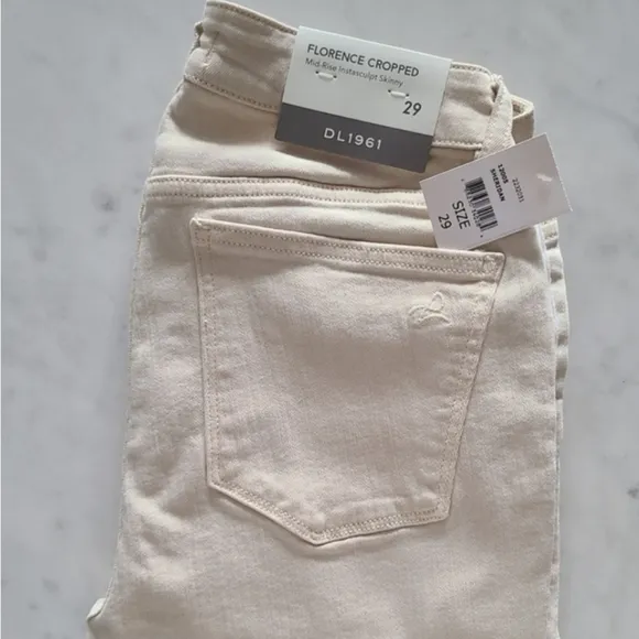 DL1961 Florence Cropped Canvas-Trimmed Jeans, Size 29, Ecru, NWT