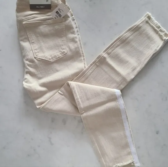 DL1961 Florence Cropped Canvas-Trimmed Jeans, Size 29, Ecru, NWT