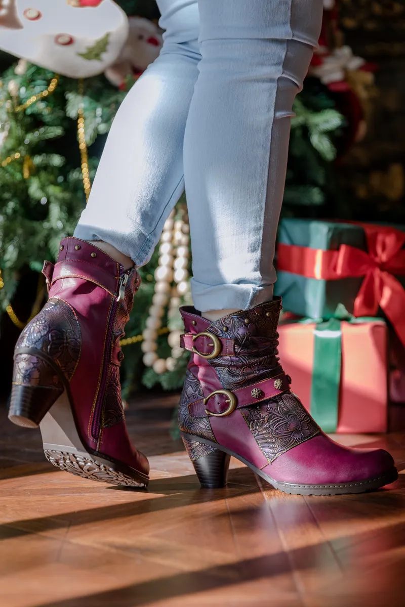 Floral Embossed Buckle Up Leather Bootie - Violet